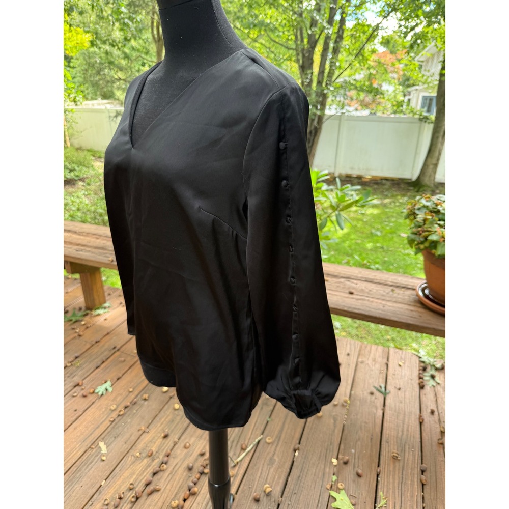 Banana Republic Black Satin V-Neck Blouse with Button Sleeve Detail Size M